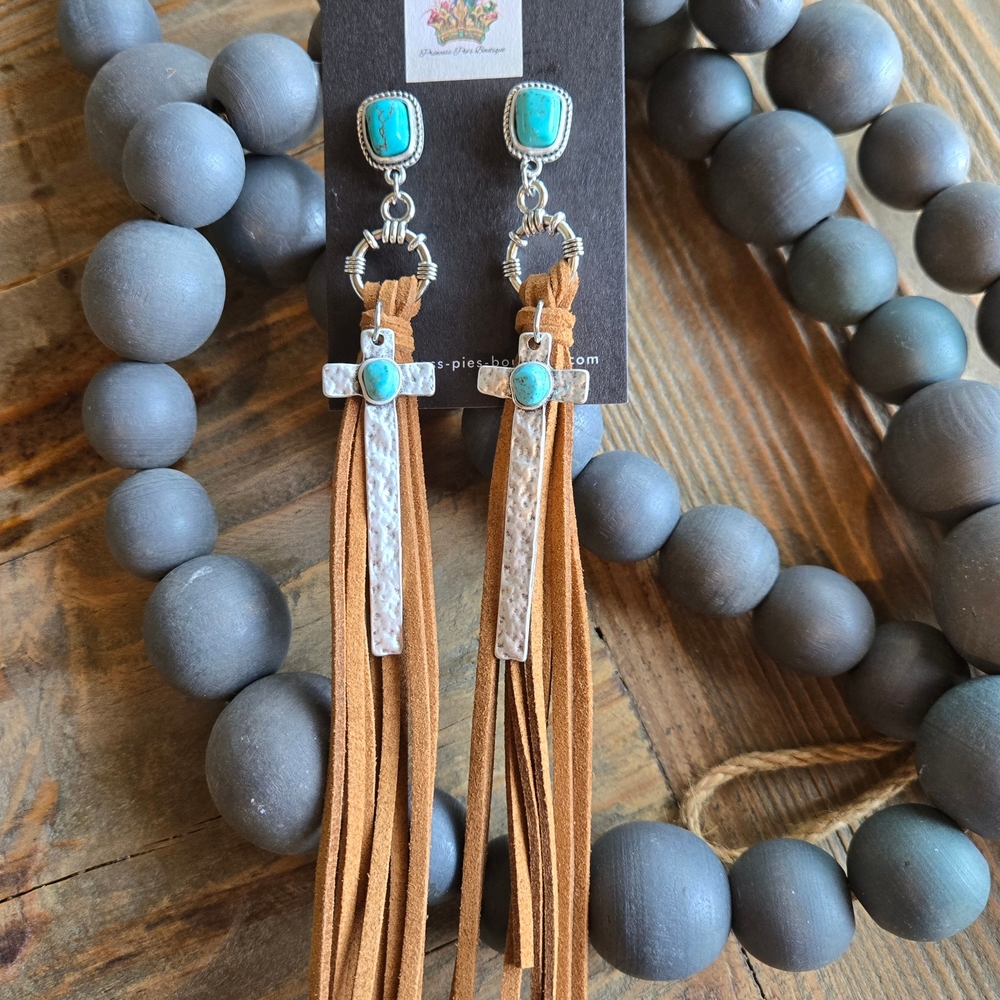 Turquoise and Silver Cross Fringe Earrings